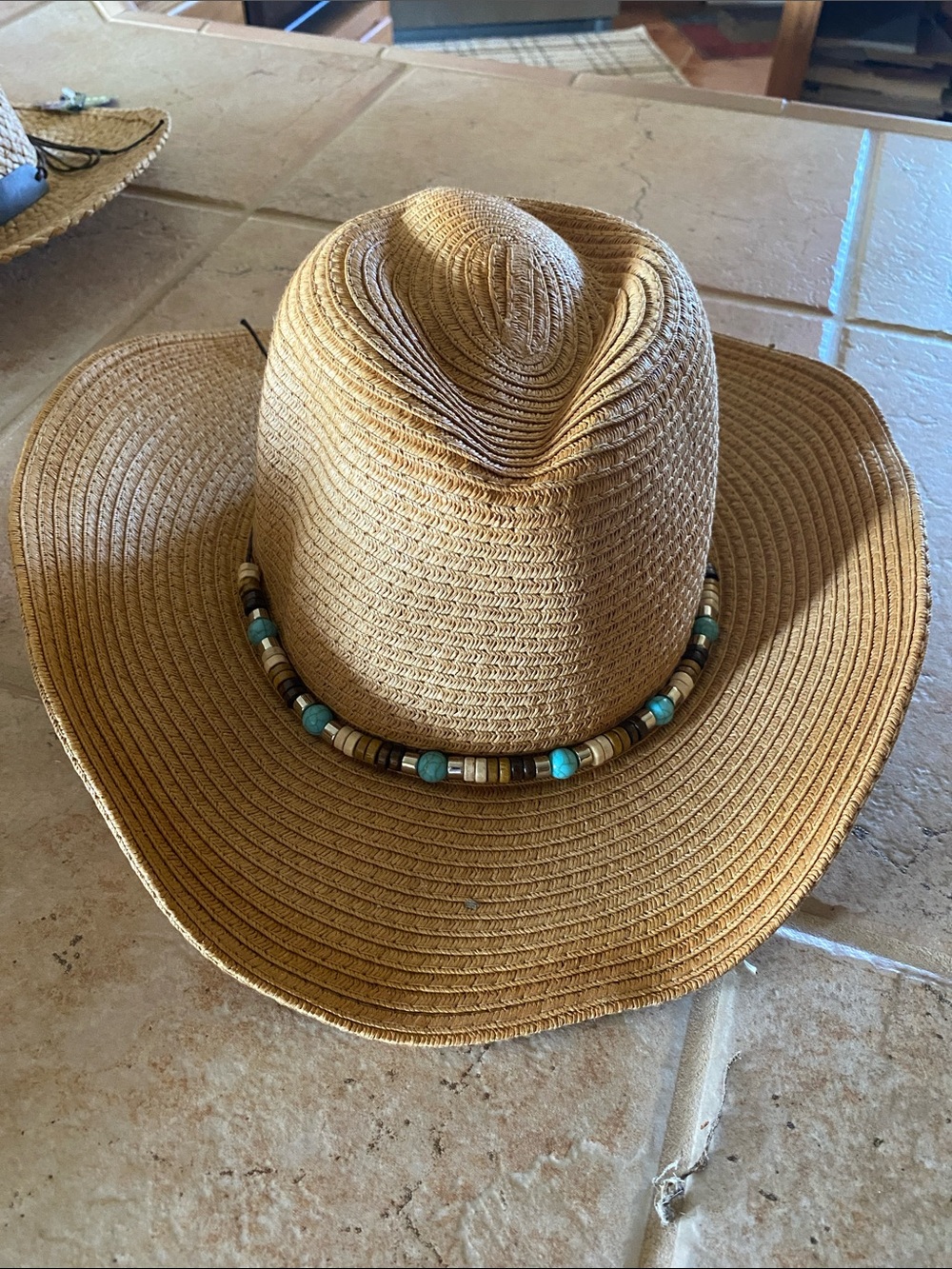 Boho Beaded Band Straw Cowboy Hat - Tan
